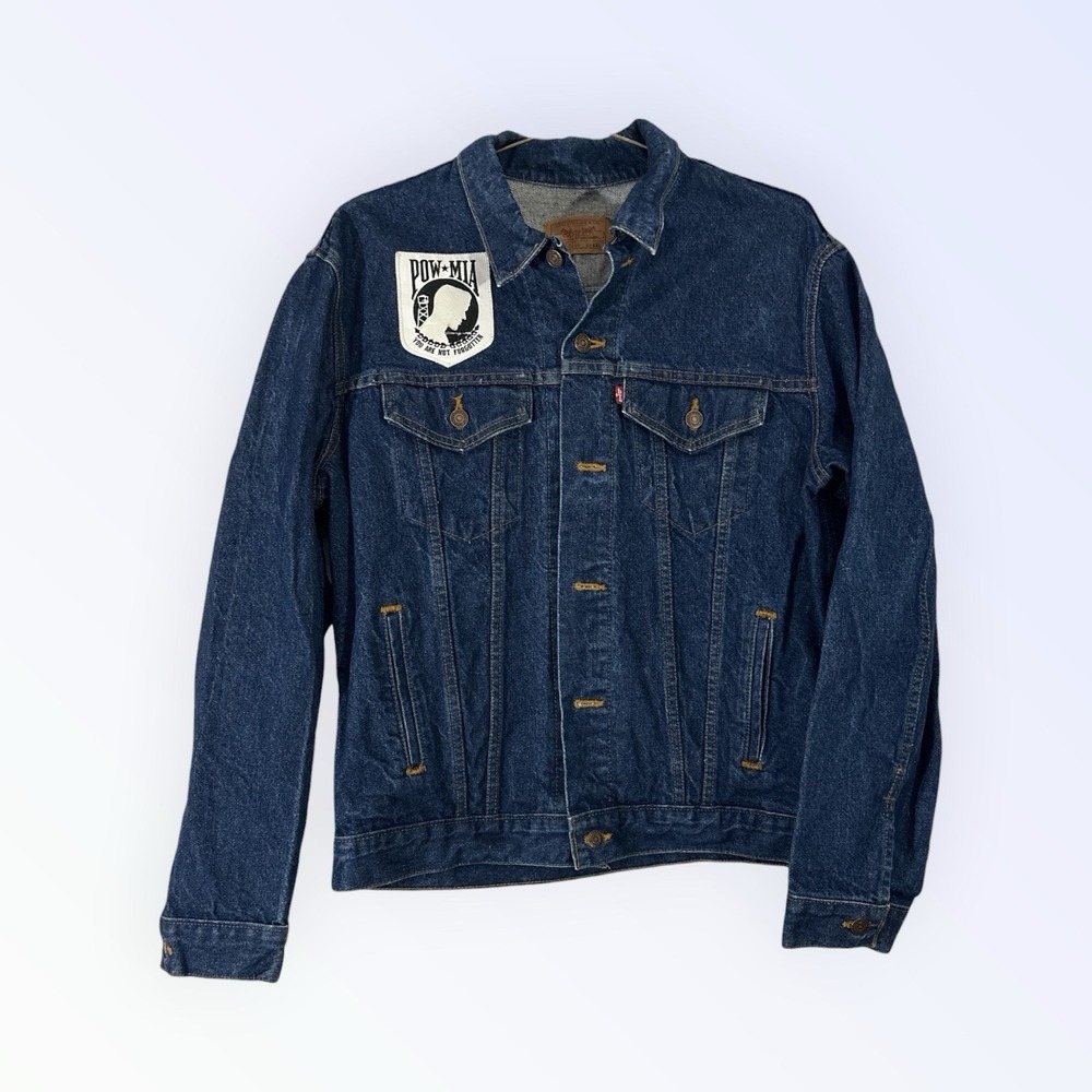 Vtg Levis Denim Jacket Mens 42 XL Blue Dark Wash 71506 POWMIA Patch USA